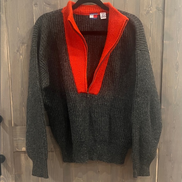 Wool Tommy Hilfiger Men's Charcoal and Red Half Zip-Up Sweater - Picture 3 of 4